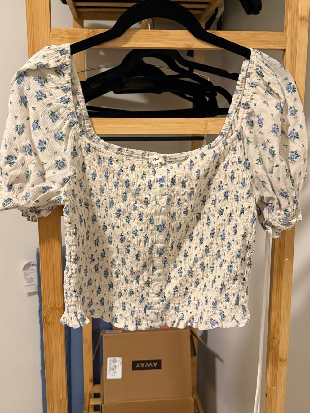 Smocked Square-Neck Puff Sleeve Top - Cream with Blue Floral